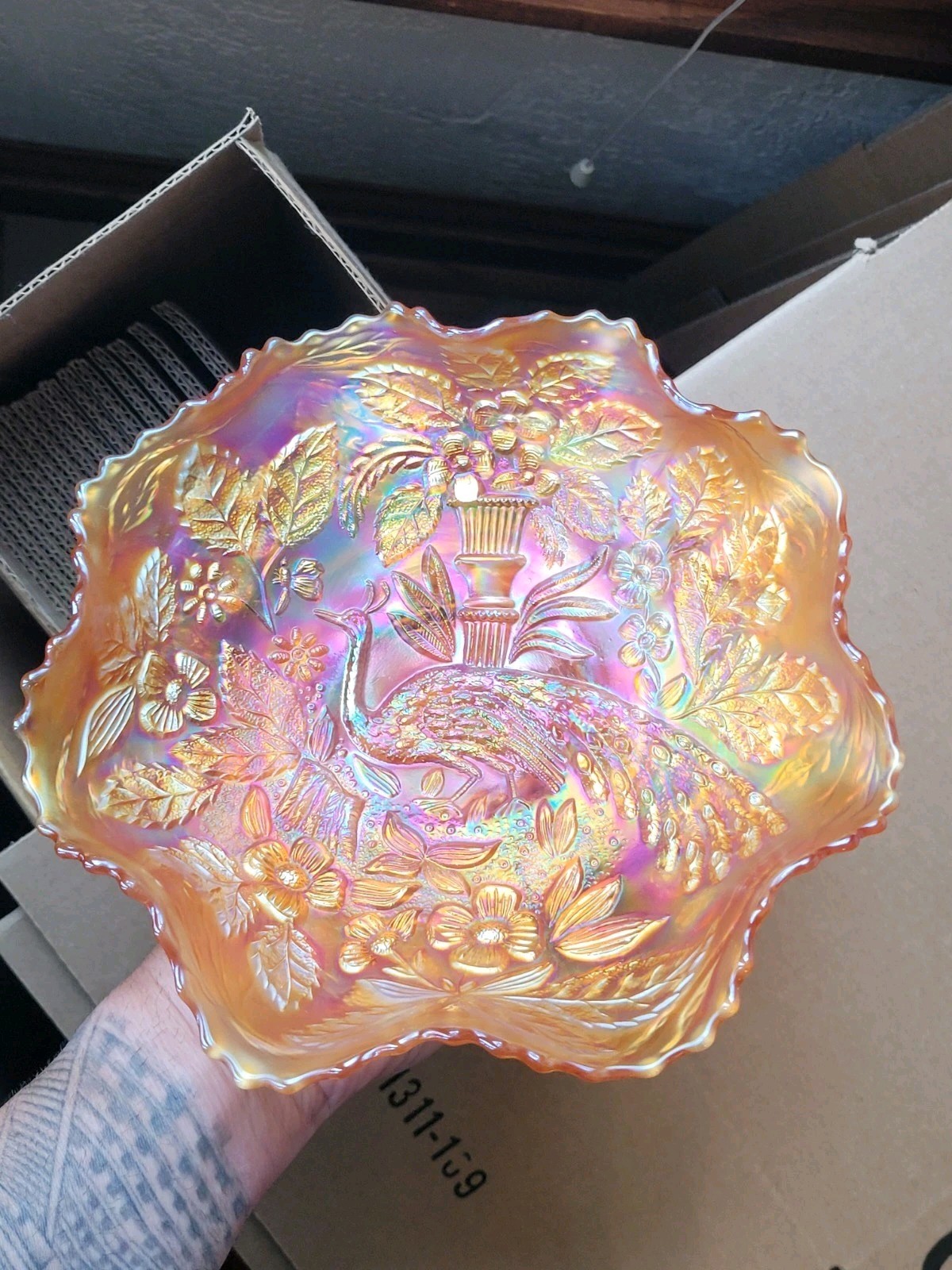 Pretty Dark Marigold Fenton Carnival Glass Peacock & Urn Pattern Bowl