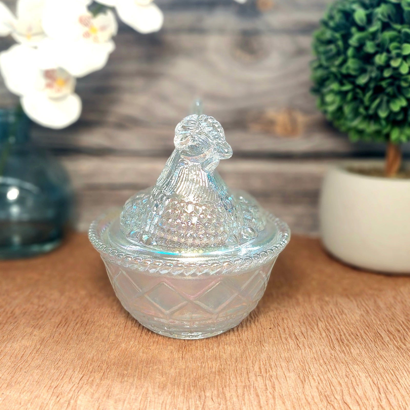 Carnival Glass Hen on Nest Chicken Candy Dish, Depression Style, Vintage Decor