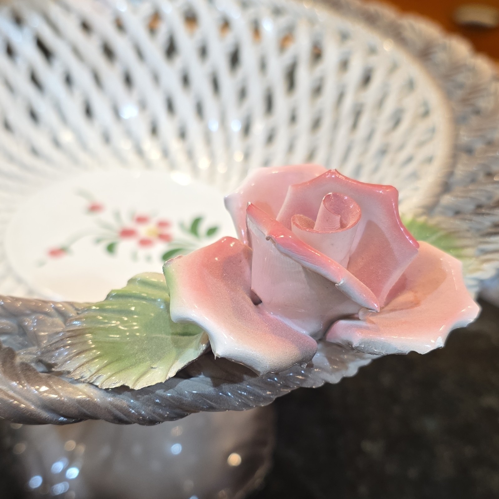 Italian capodimonte Pedestal reticulated basket Bowl with floral details.