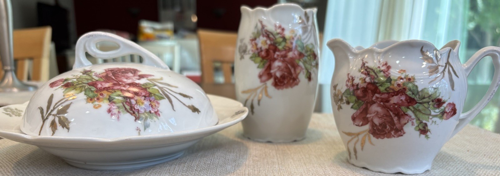 RS Prussia Hand Painted Porcelain Creamer, Butter Dish + Lid & Bud Vase Floral