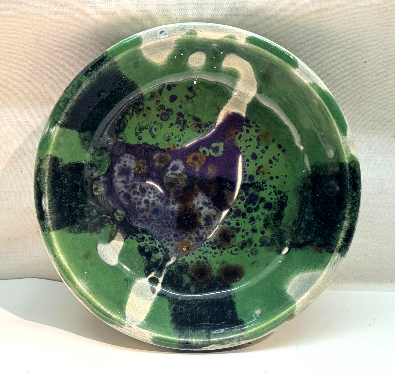 AK A.K. SIGNED ABSTRACT DRIP GLAZE STUDIO POTTERY BOWL HEAVY MATERIAL DATED 1997