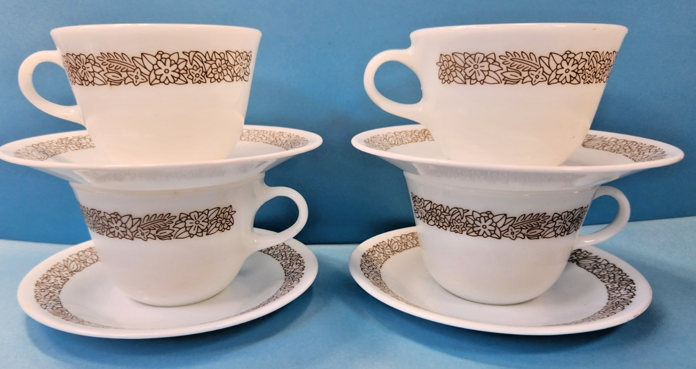 CORELLE WOODLAND BROWN SET OF 4 TEA CUPS AND SAUCERS PYREX MADE IN USA