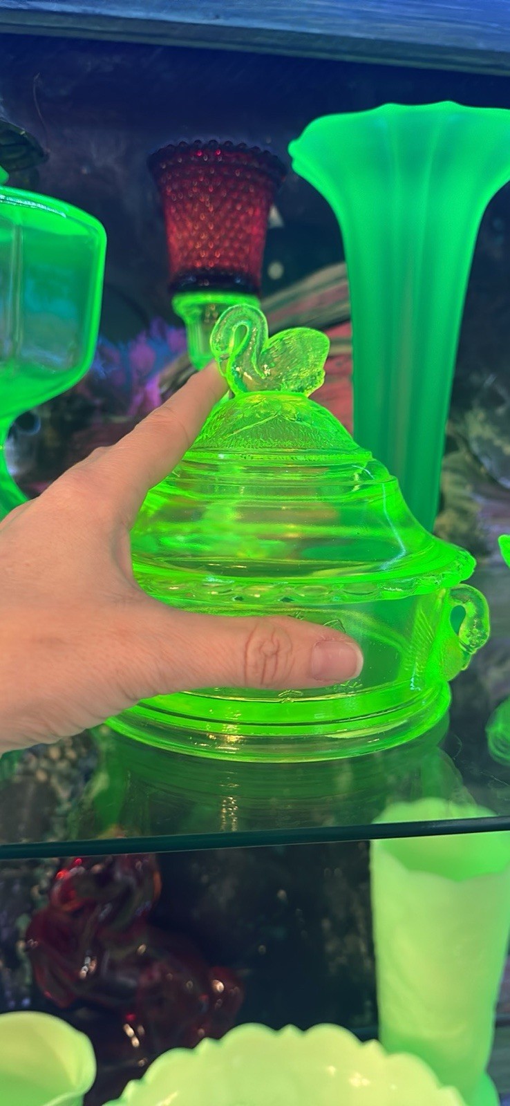 Vintage Westmoreland Vaseline Uranium Glass Swan on Lid Candy Dish 6” Yellow