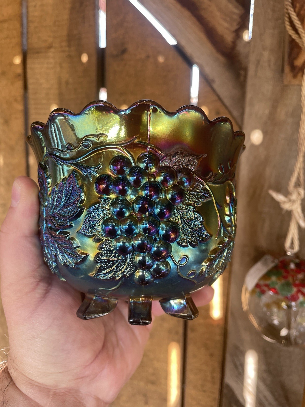 CARNIVAL GLASS ~ ELECTRIC DUGAN GRAPE DELIGHT FLARED NUT BOWL ~