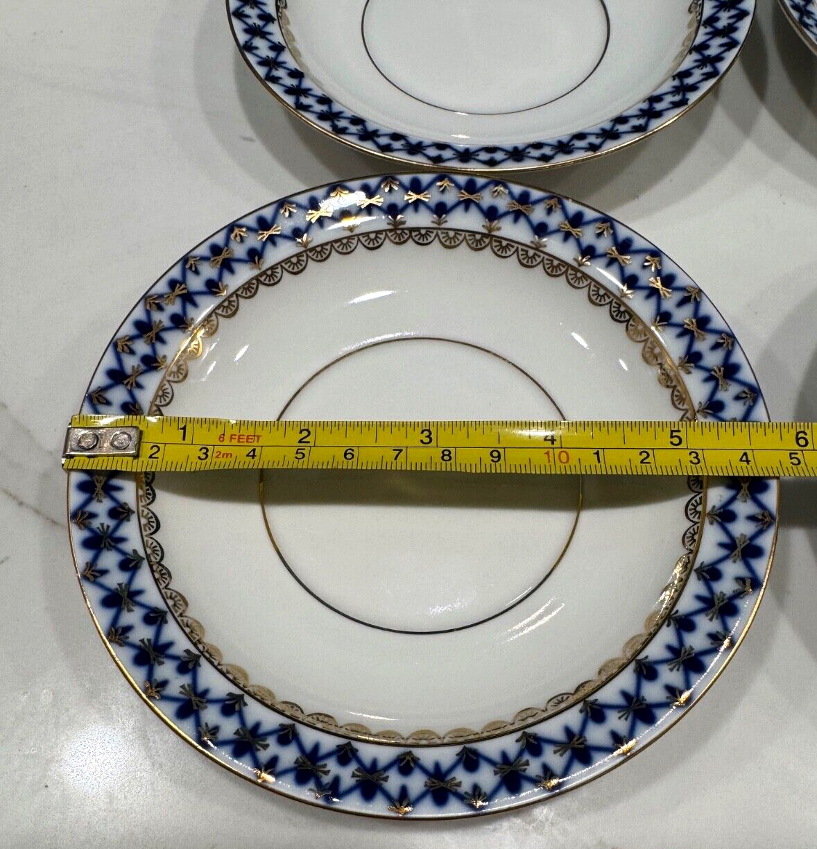 Lomonosov Imperial Porcelain Russian COBALT NET SOUP BOWL with SAUCER 4 NEW