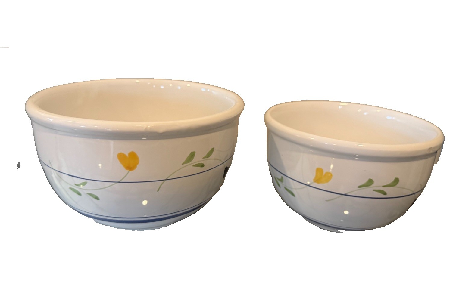 Vintage Italy Nesting Ceramic Mixing Bowl Set 3pc Floral Blue Line Stoneware Pot