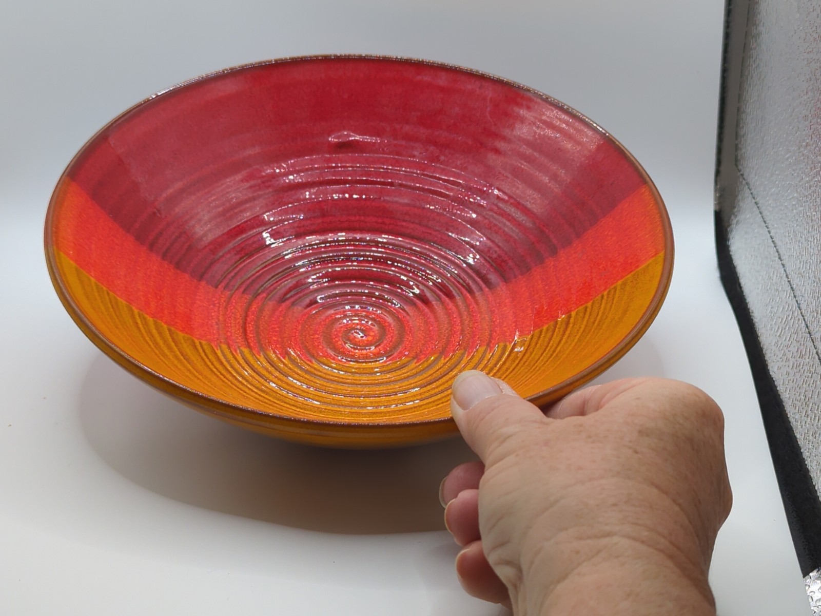 Studio Art Pottery Bowl Artist Signed Ombré Colored Design Yellow/Orange/Red 8in