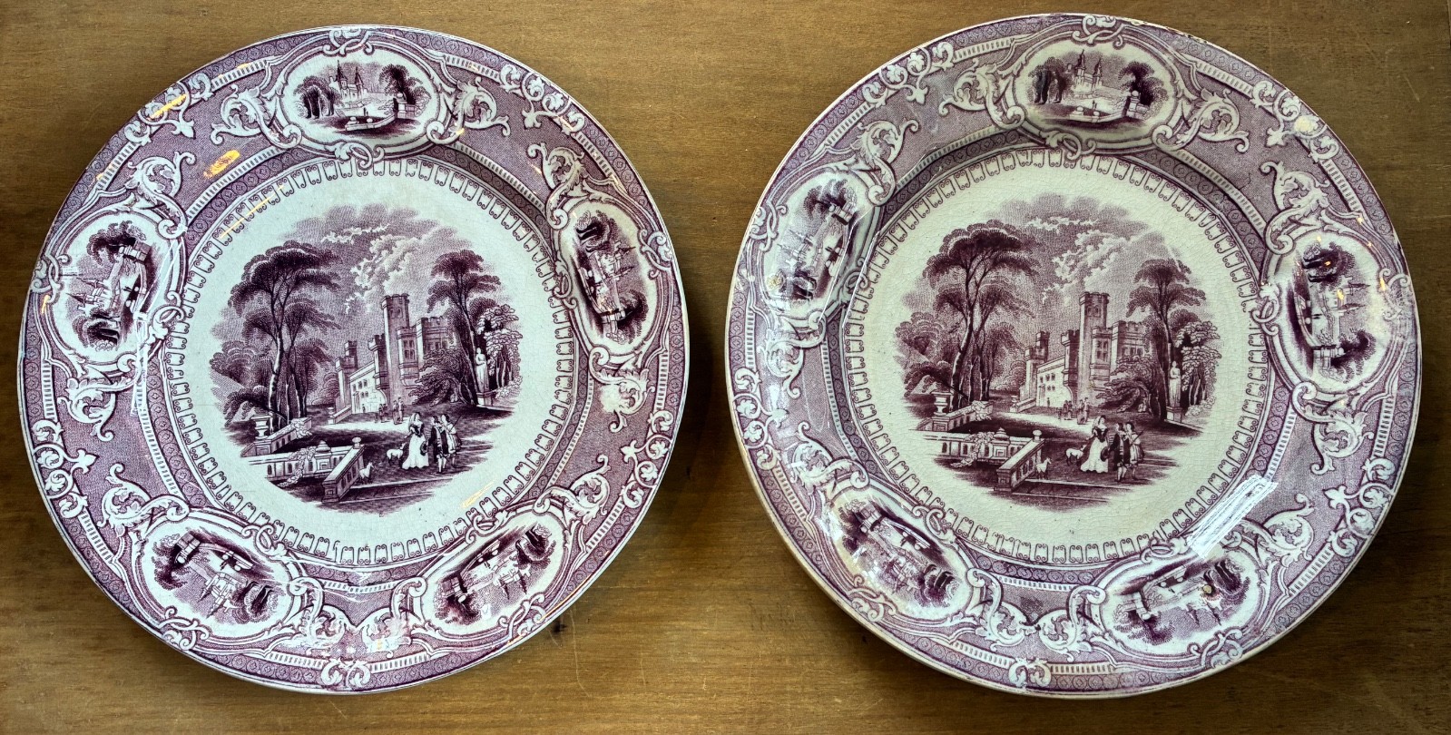 Pr Staffordshire Mulberry Purple Transferware Plates…”Corinthia” Pattern 8.5″