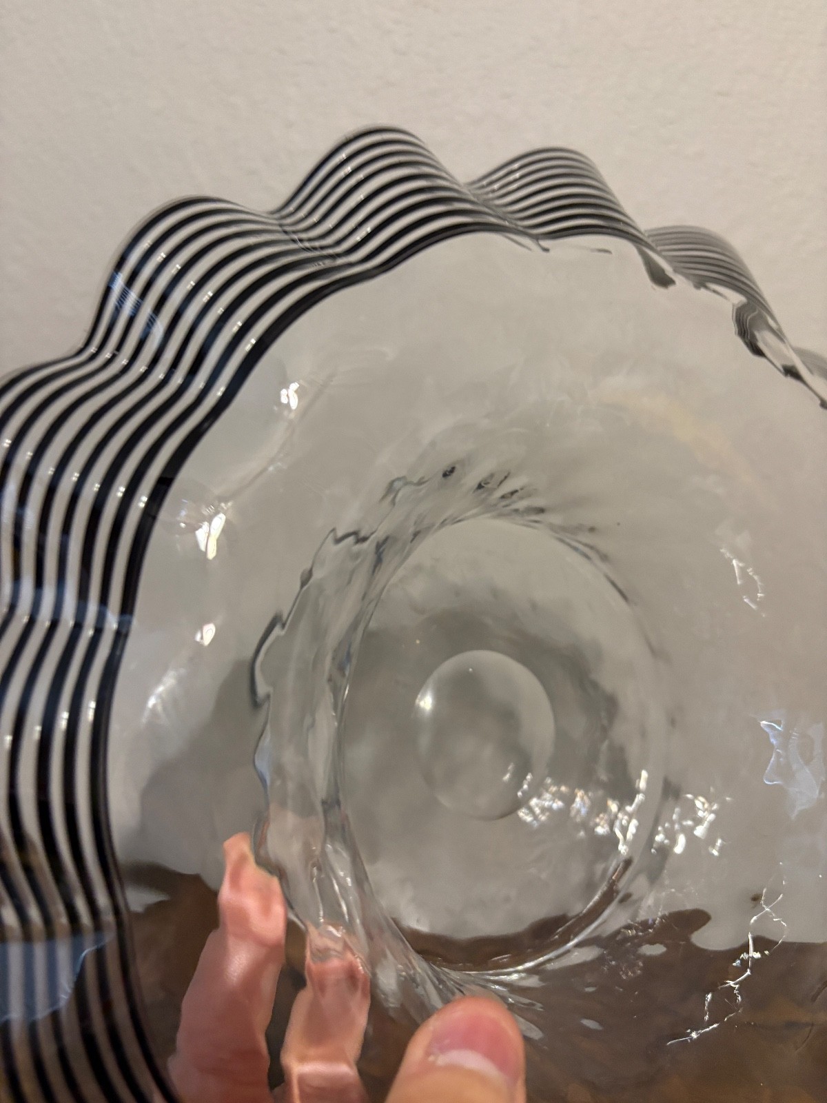 VTG FRY GLASS CO Black Threaded DIAMOND OPTIC Glass Centerpiece Bowl 11.75″W