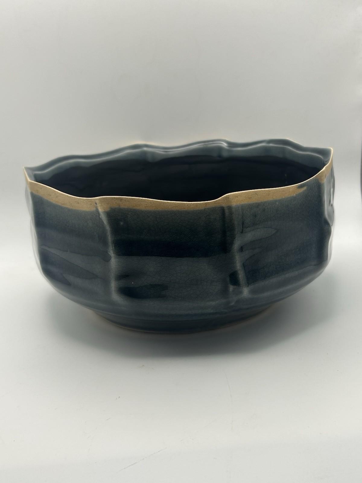 Studio Pottery Hand Crafted Tan & Blue Drip Glaze Stoneware Ceramic Bowl USA