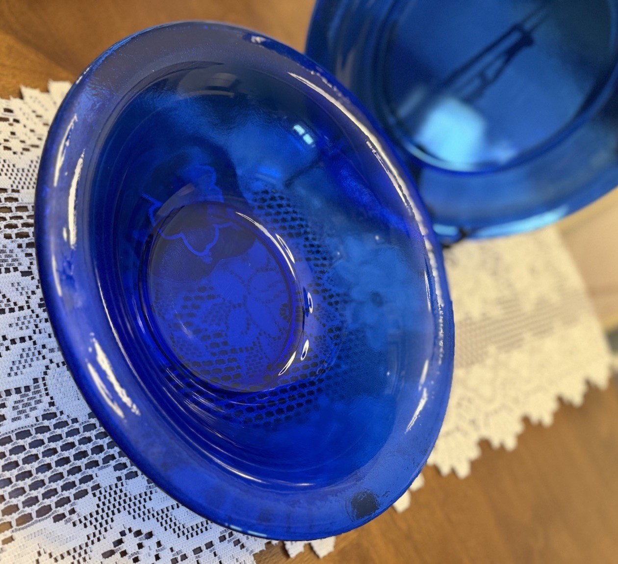 VTG Italy Cobalt Blue Texture Glass Centerpiece Set 15” Platter 13” Serving Bowl