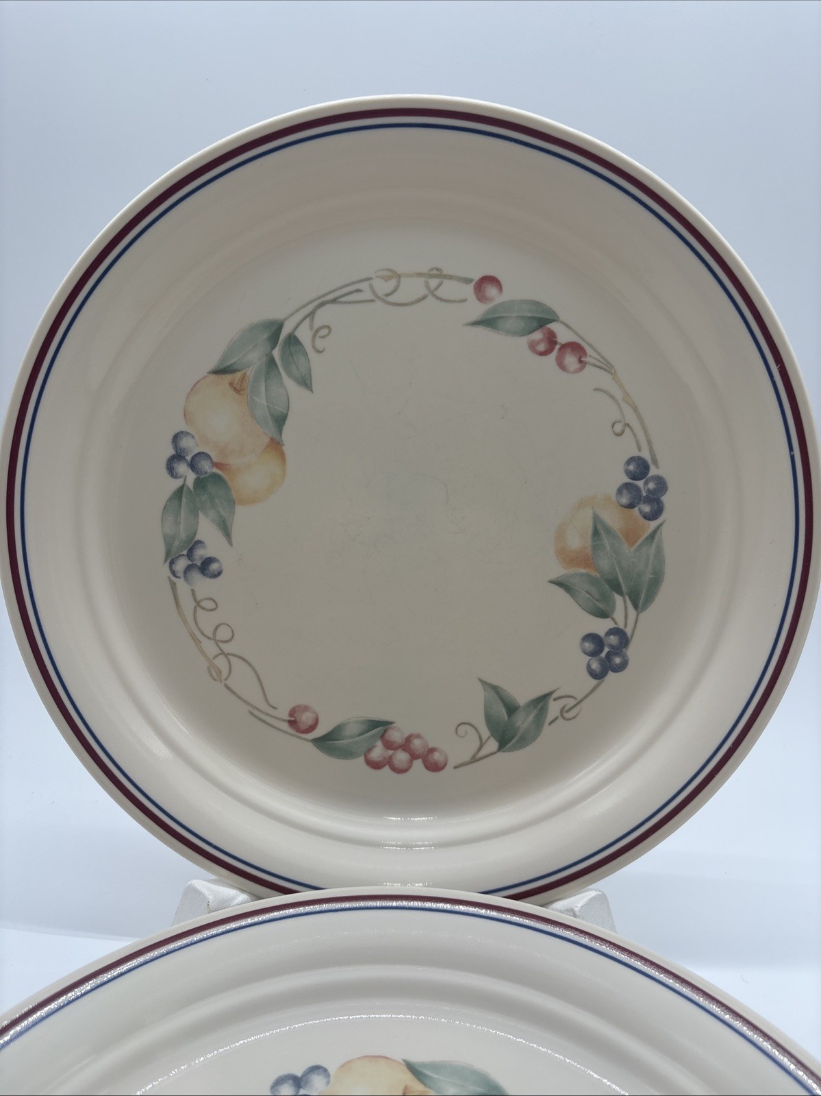 Set Of 4 Corelle ABUNDANCE 10 1/4 ” Dinner Plates Fruit Motif Striped Rim USA