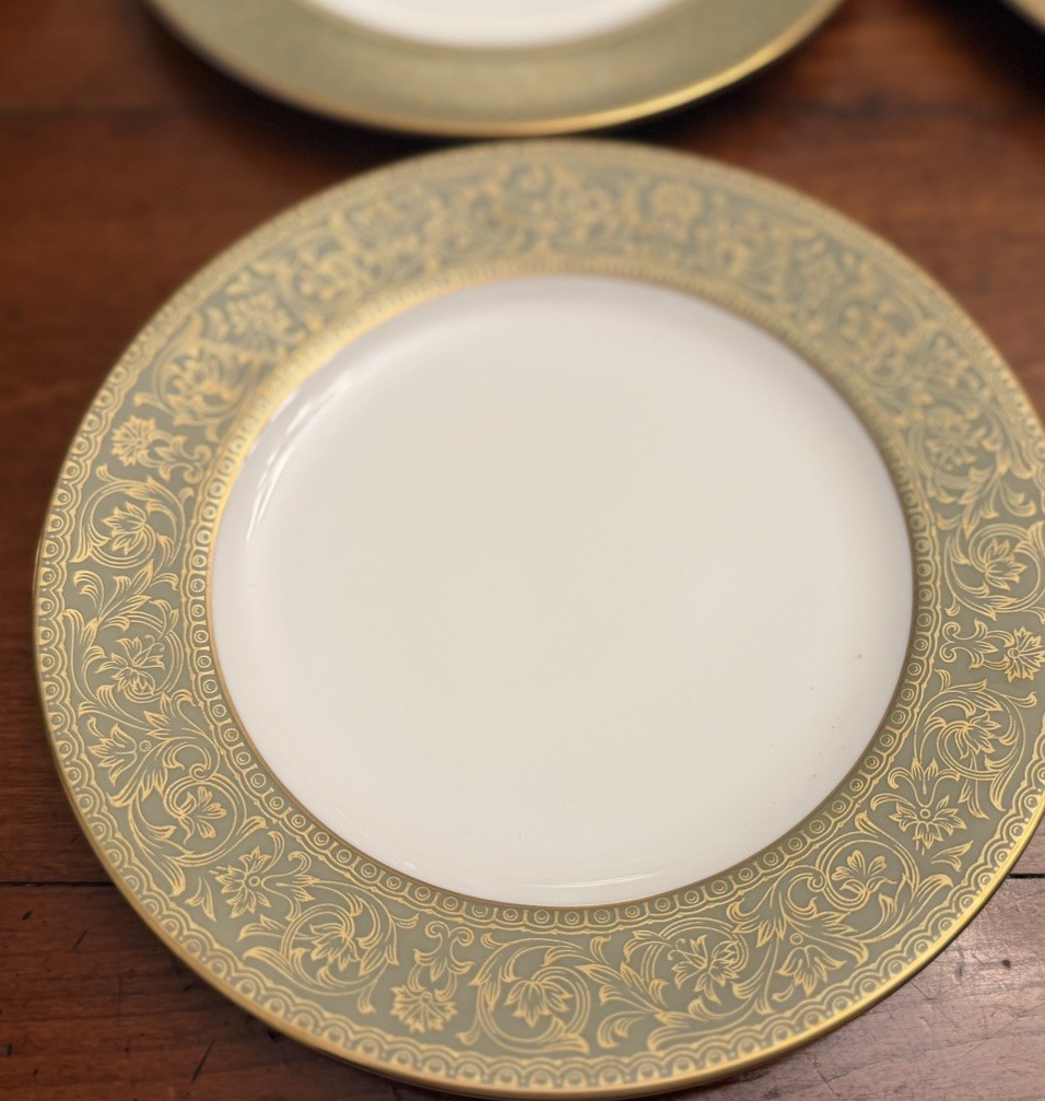 Set of 10 Sango Versailles 3632 Salad Plates 7.75″ Green Gold Vintage Japan
