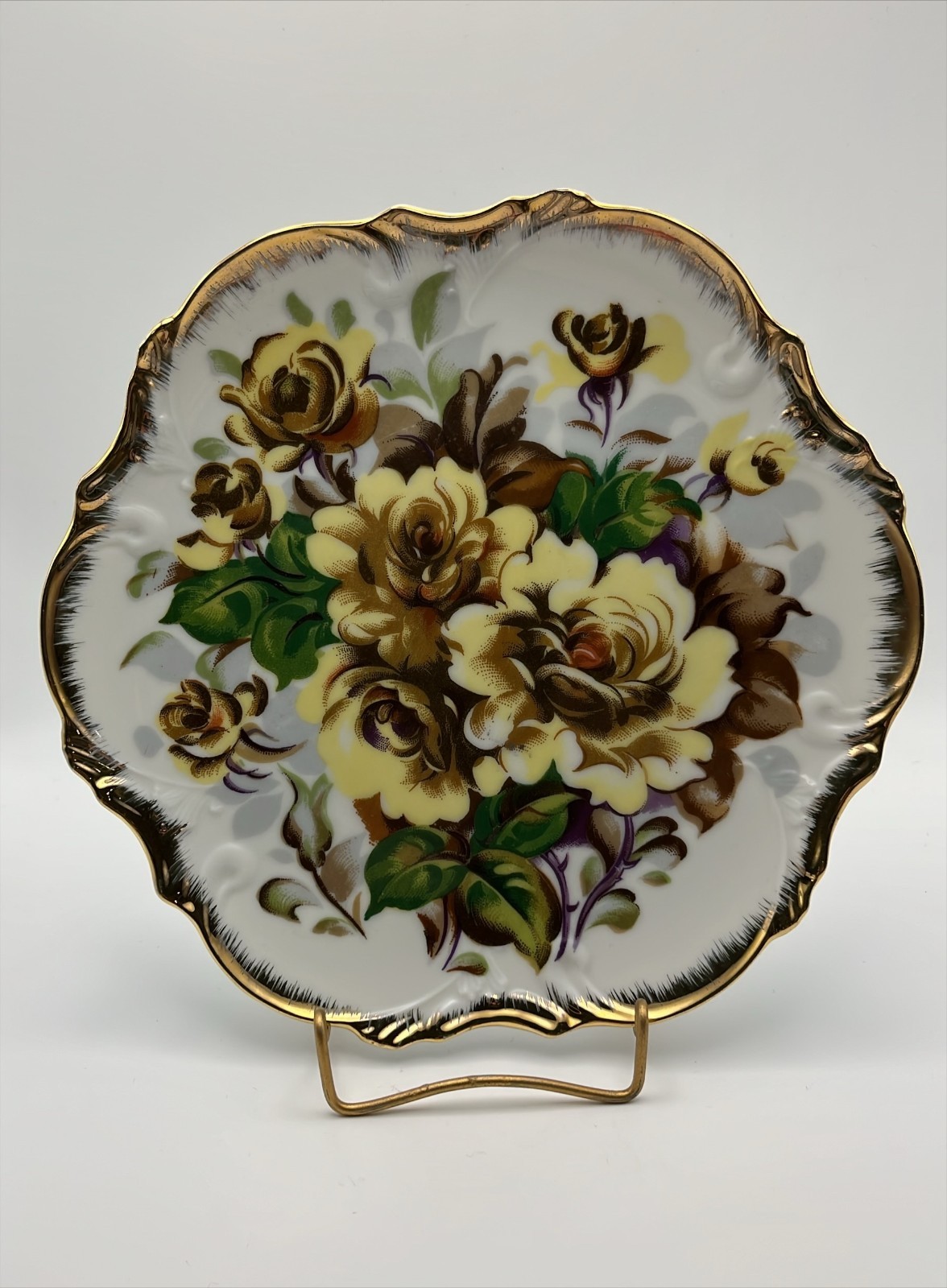 Lot of 2 VTG Brown & Yellow Roses painted & transfer Plates Curated Wall Décor