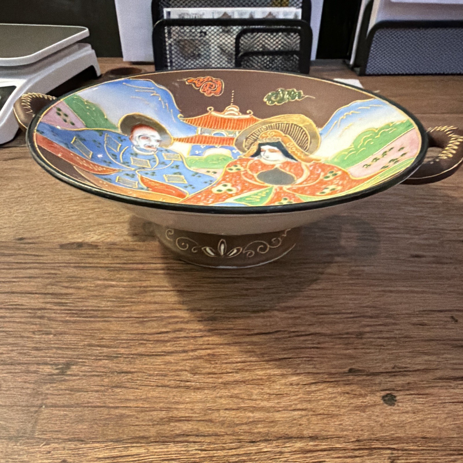Unmarked Ceramic Pedestal Bowl/Compote w/ Side Handles, Asian Figural, Glossy