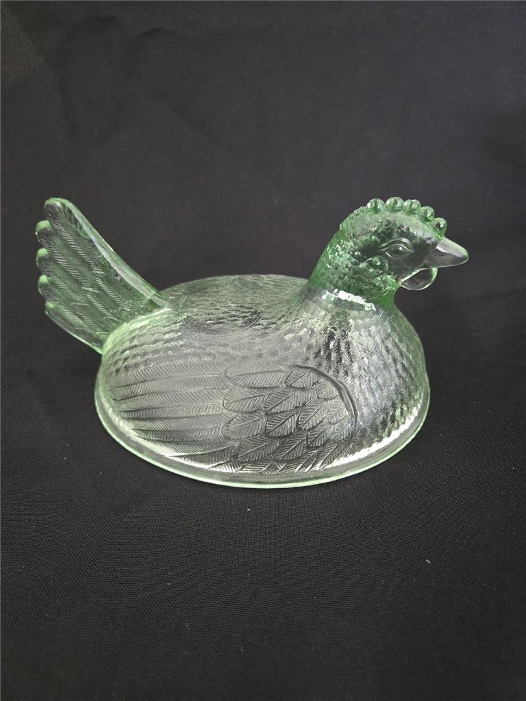 “= Indiana Glass Hen On Nest Pastel Green Candy Dish Beaded Basket Base RARE