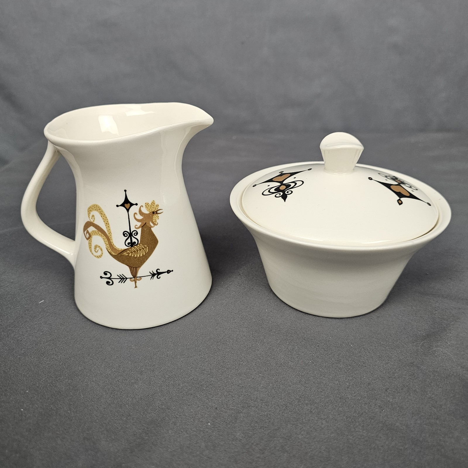Weather Vane Edwin Knowles Rooster Creamer and Sugar Bowl w Lid Set MCM