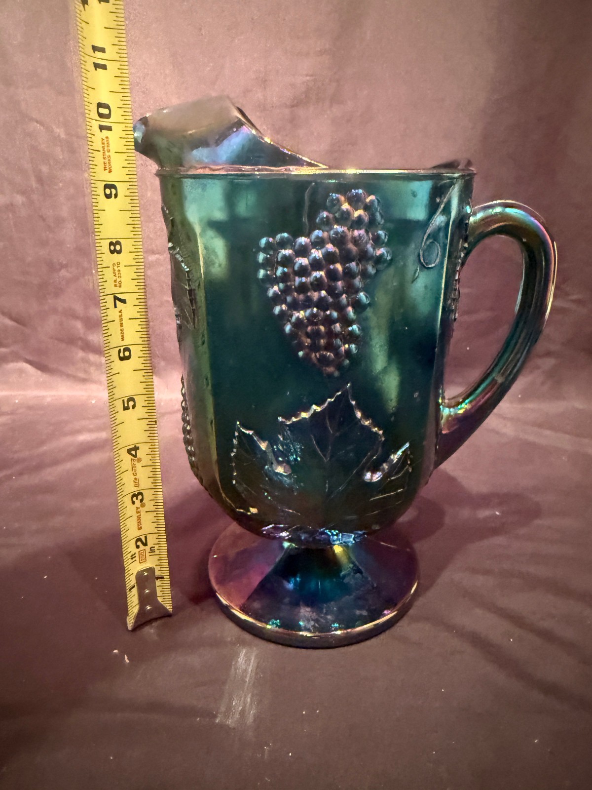 Harvest Grape & Leaf Indiana Art Glass Carnival Iridescent Blue Water Pitcher