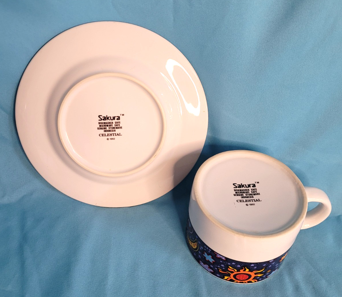 Sakura Celestial Cup and Saucer Set Stoneware 1992 White Multi-color Very Good