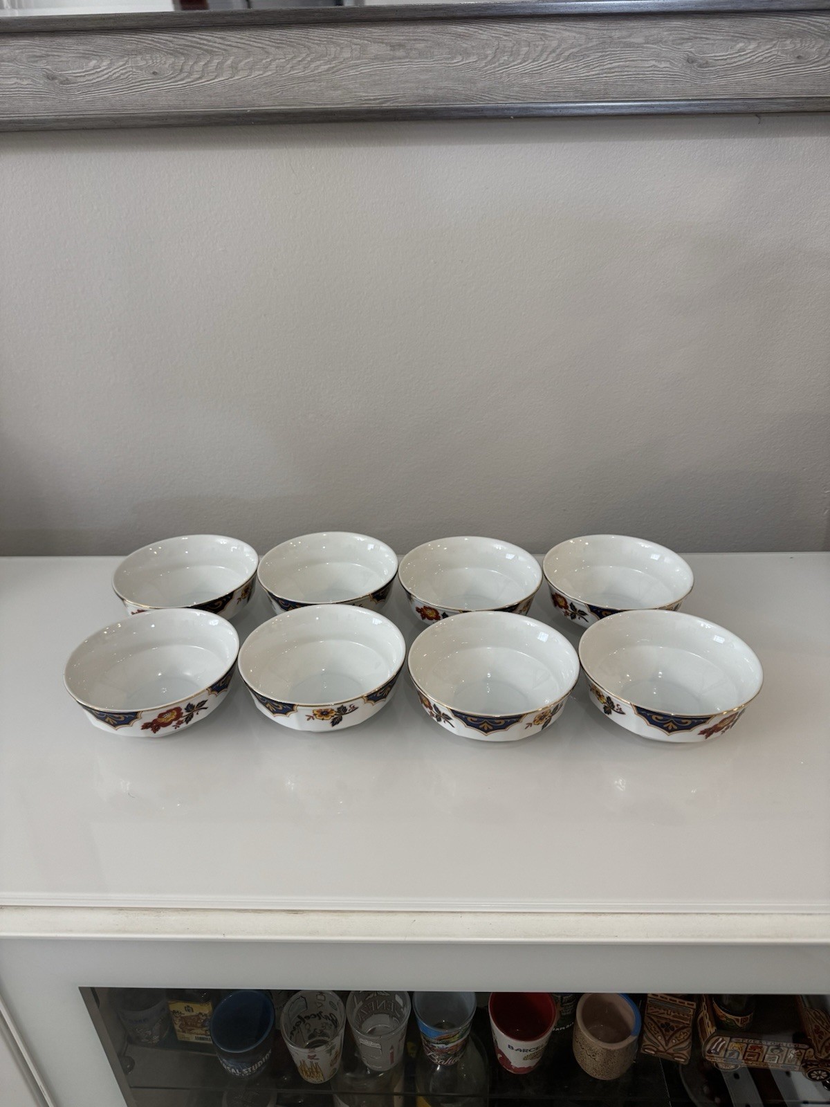 8 Vtg Mikasa Fine China Bowls Far East L6104 Blue Gold Rust Floral Octagon Japan
