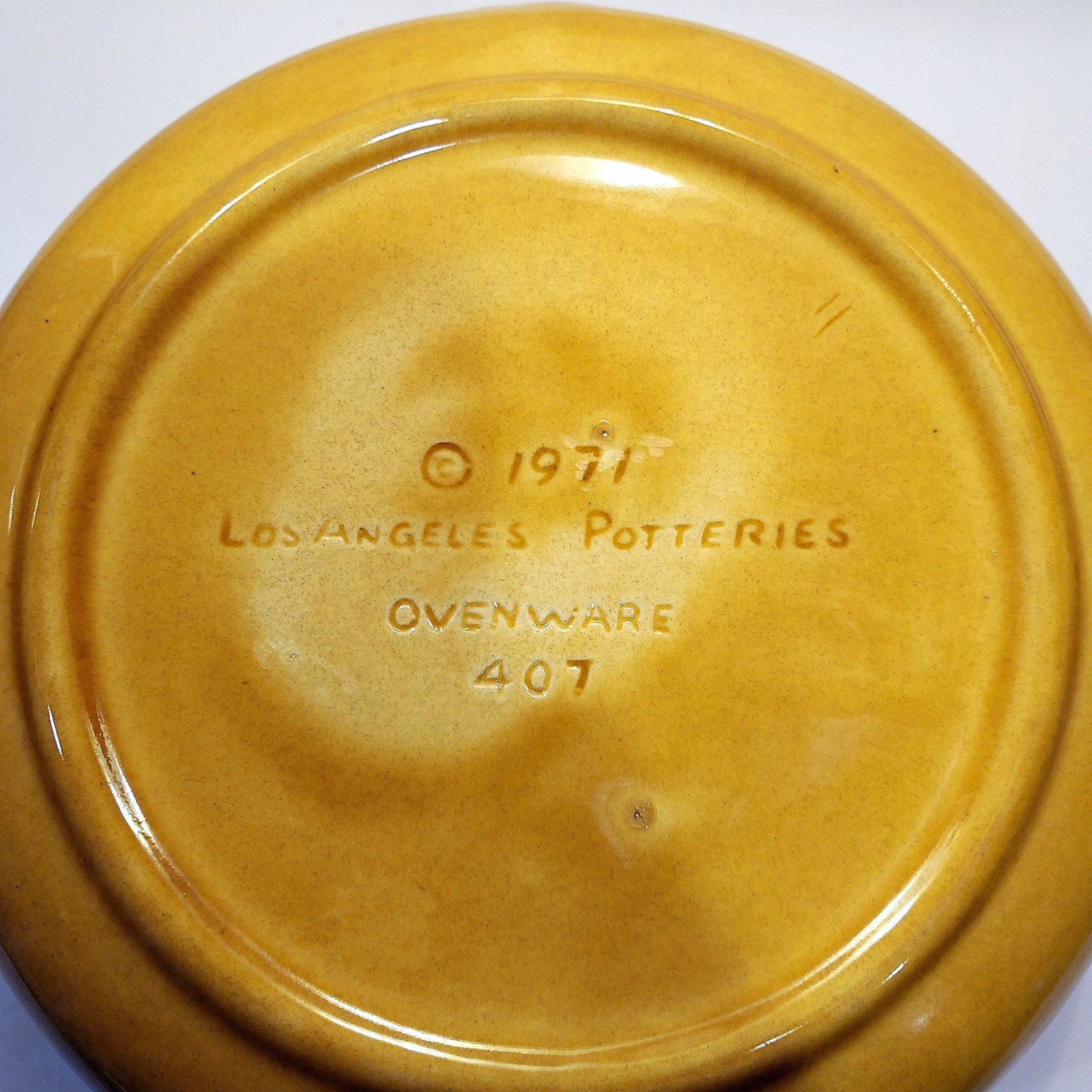 1971 Los Angeles Potteries Ovenware #407 Harvest Gold w/Mushrooms/Carrots Tureen