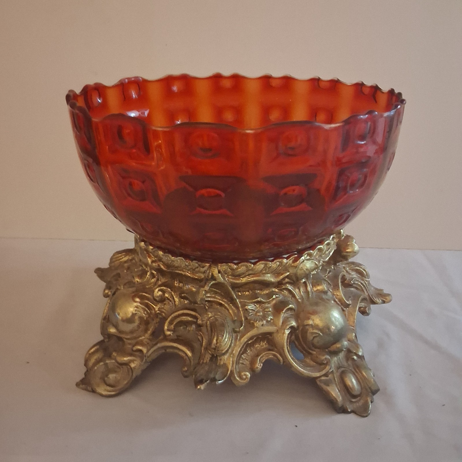 Antique Pitman Dreitzer Amber Glass Punch Bowl With Brass Stand 8″