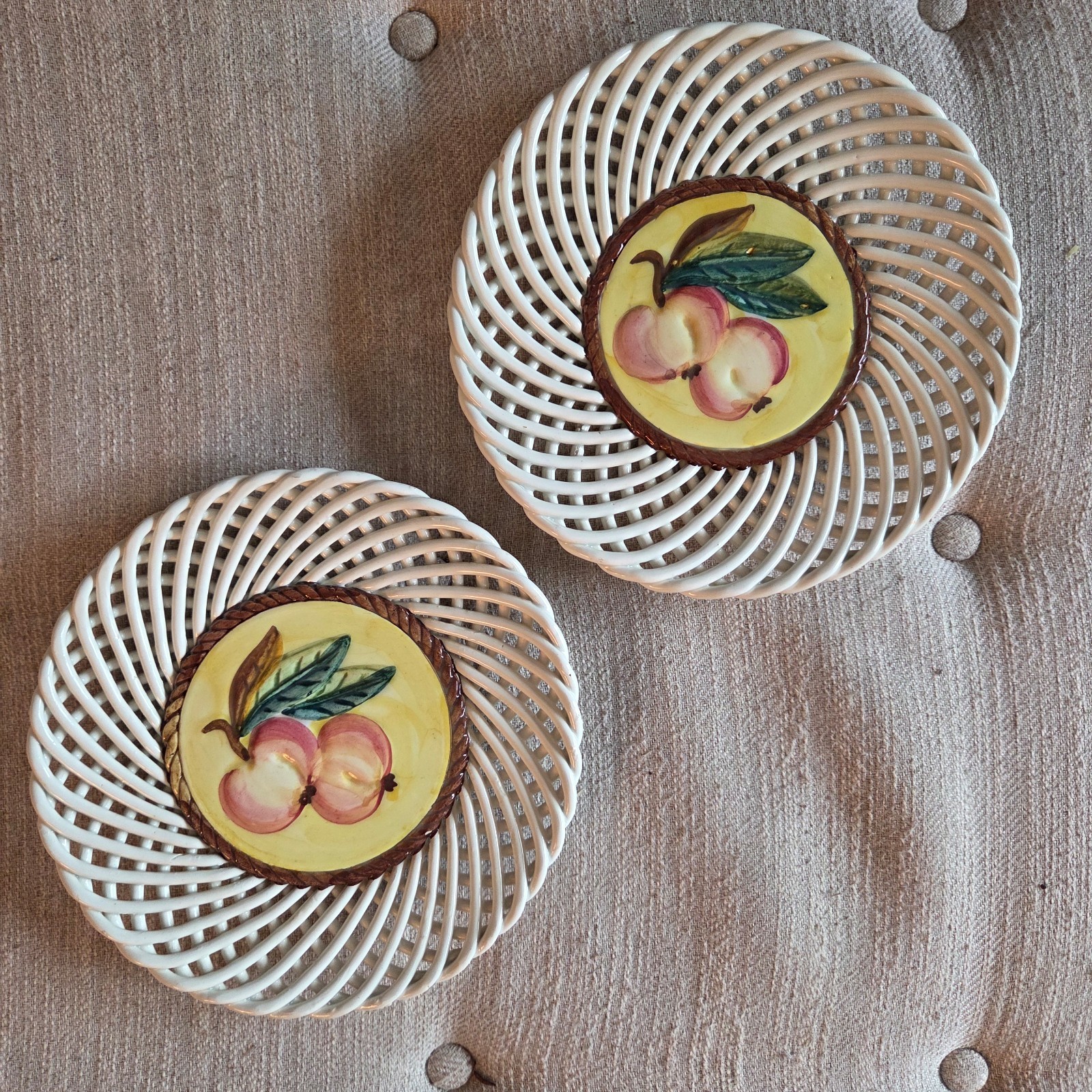 Set of 2 Vintage Ceramic Fruit Lattice Painted Wall Plates Spanish Art 3D