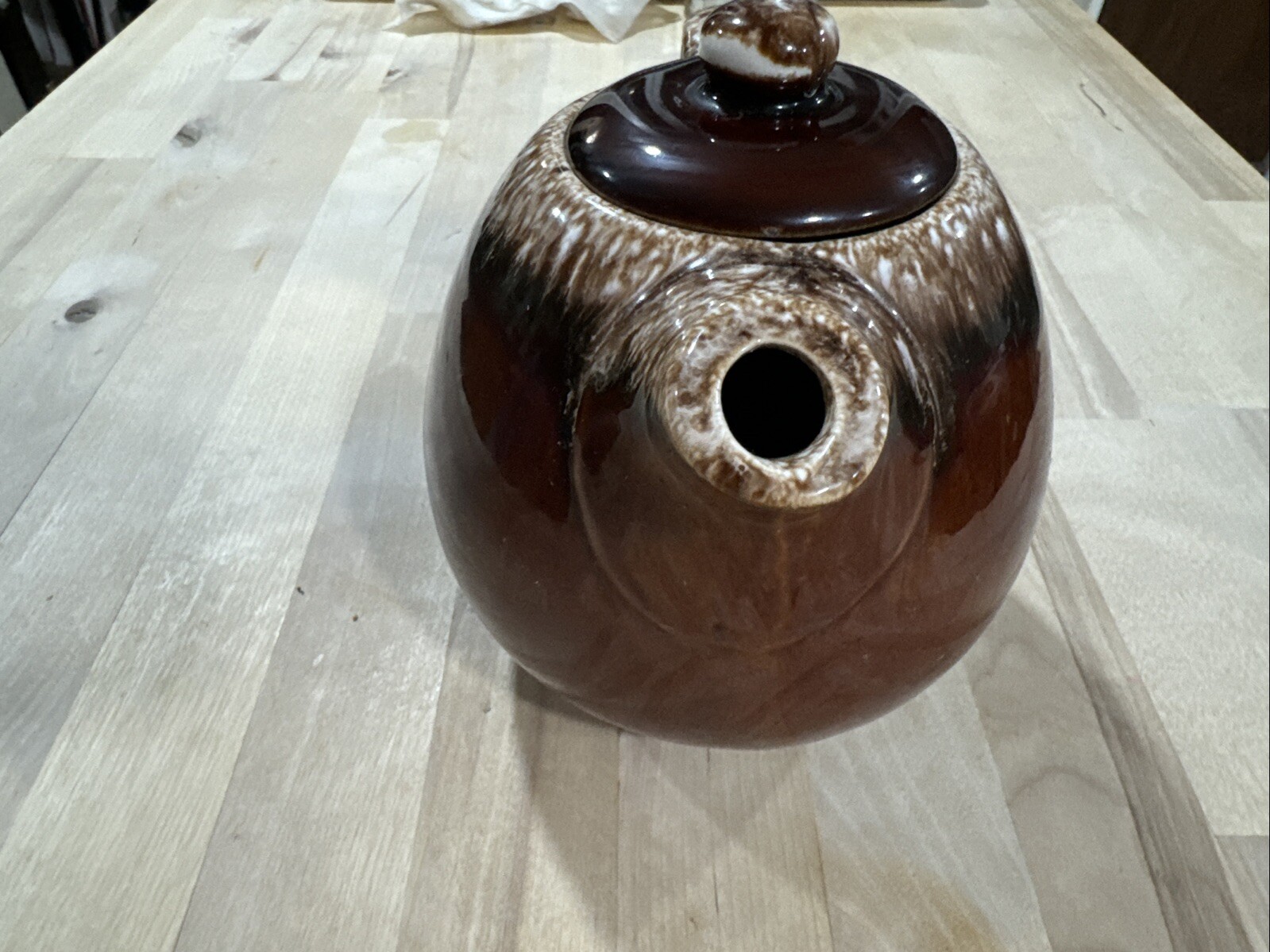 Vintage Hull Pottery Brown Drip Ball Shaped Tea Pot & Lid Oven Proof USA