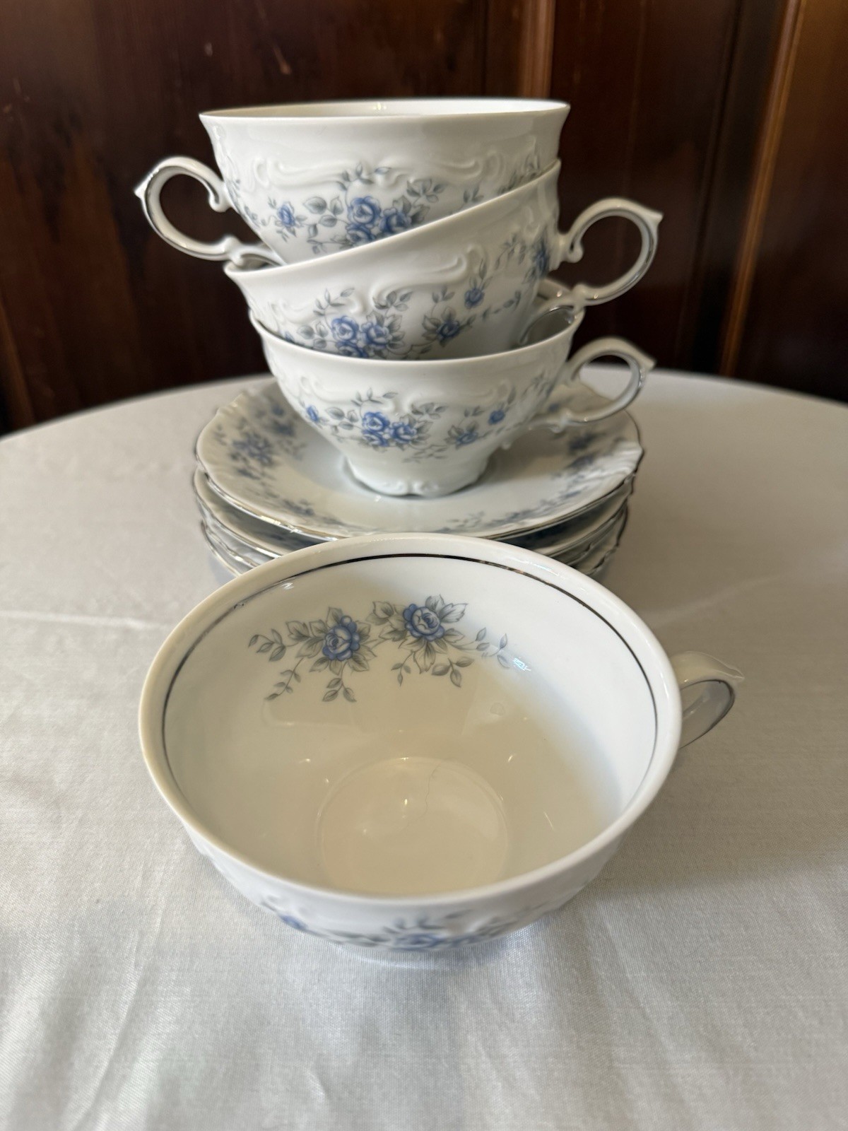 Vintage Winterling Teacup and Saucer White Blue Floral Platinum Trim Germany Set