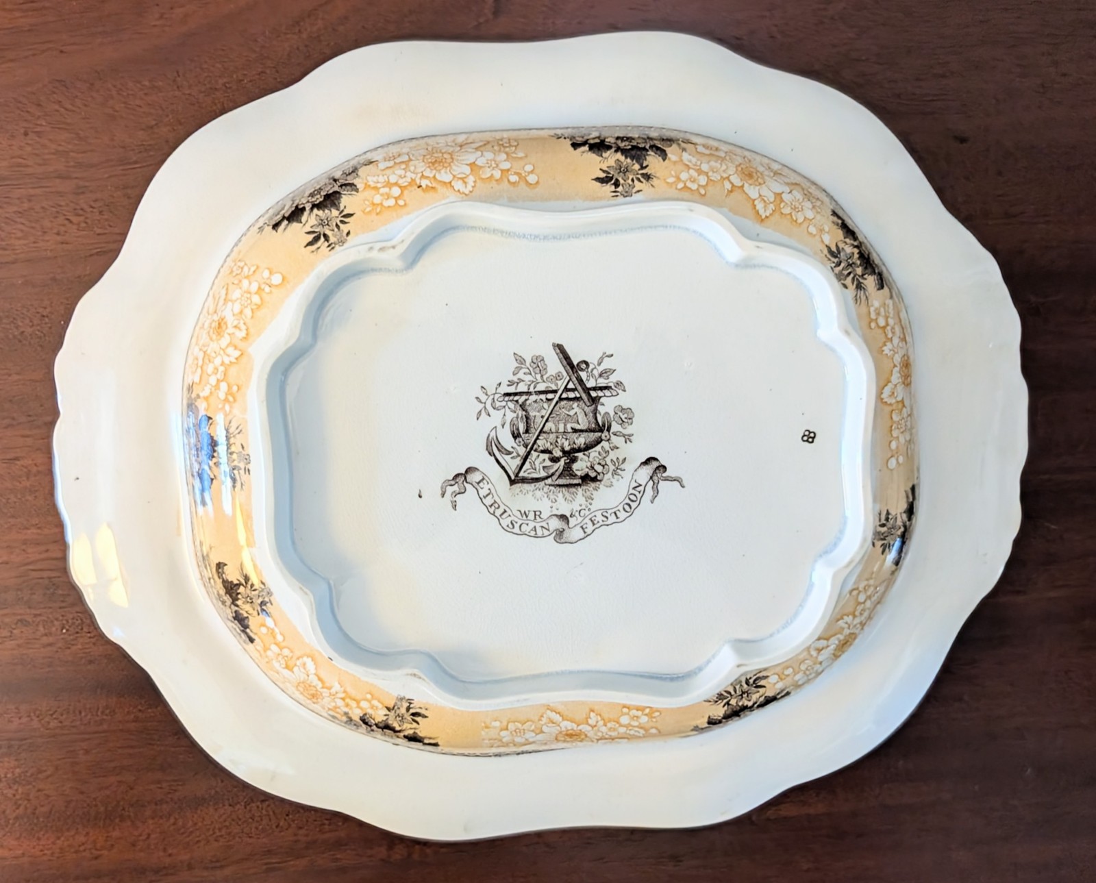 Rare 1830s Two Color Yellow and Brown Transferware Covered Bowl~Etruscan Festoon