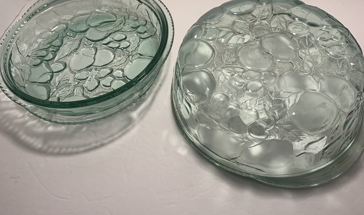 Sale Vintage Libbey Orchard Fruit Green Glass 3 QT Casserole Baking Dish Pie Lid