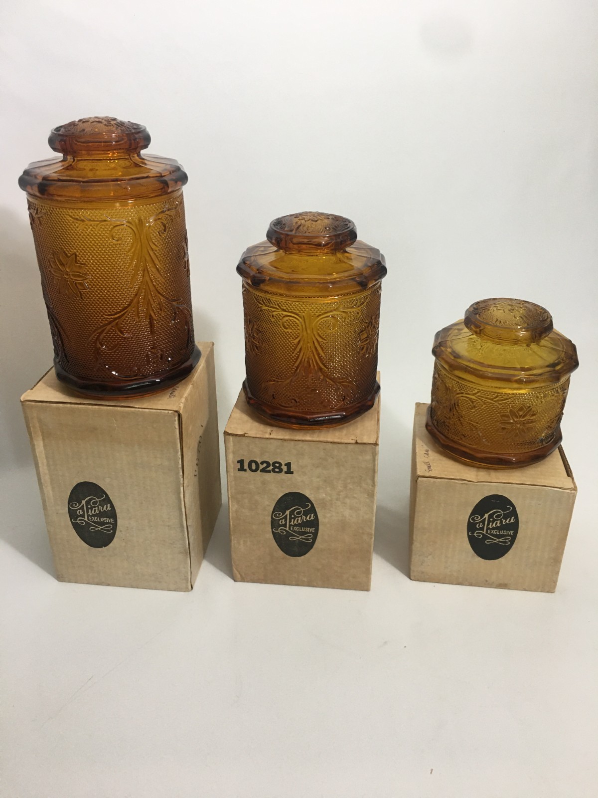 1980s TIARA Indiana Glass Amber Sandwich Pattern 3 Piece Canister Set lids NEW