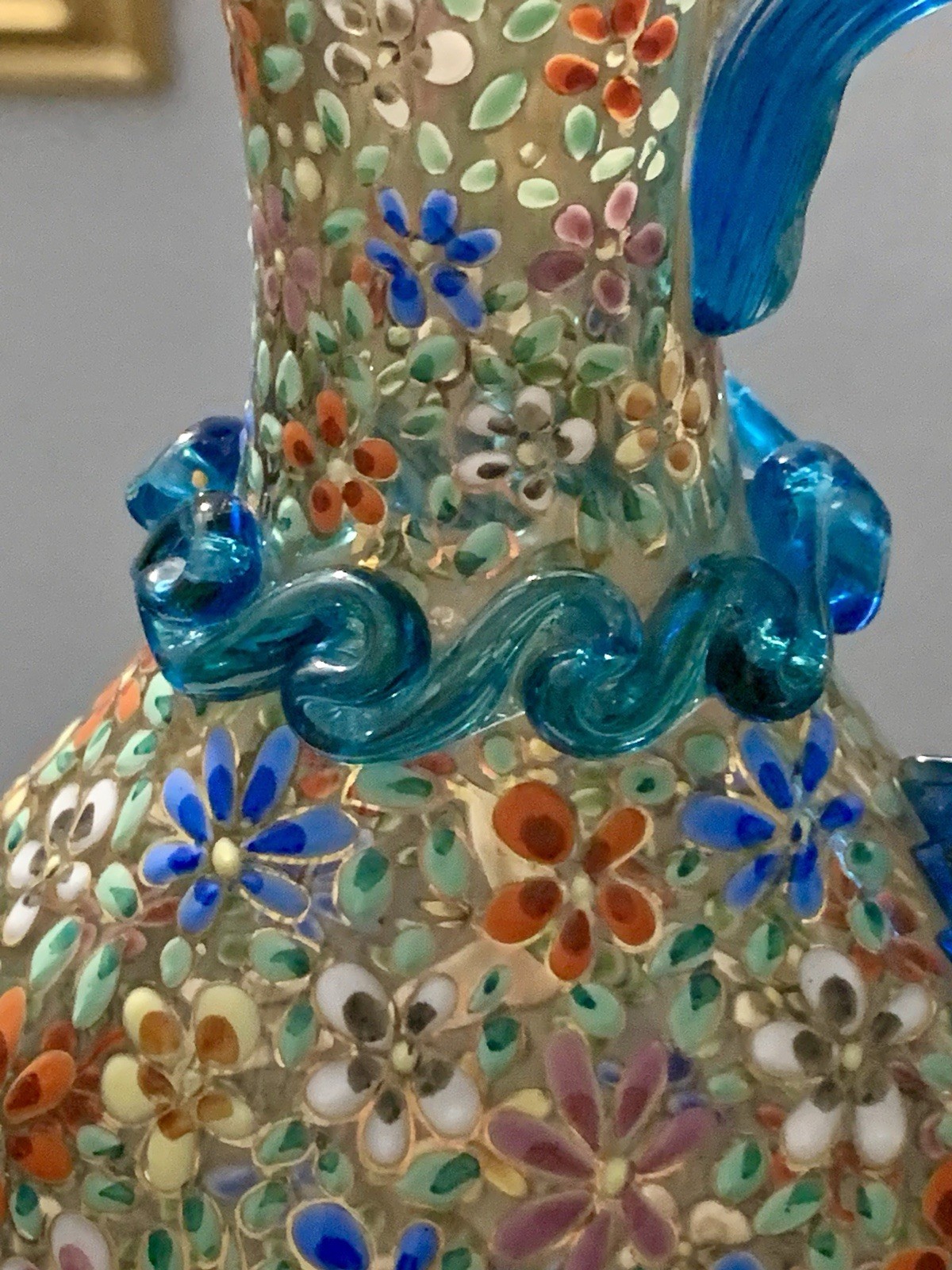 Vintage Rare Moser Hand Painted Multicolor Floral Art Glass Pitcher with Handle