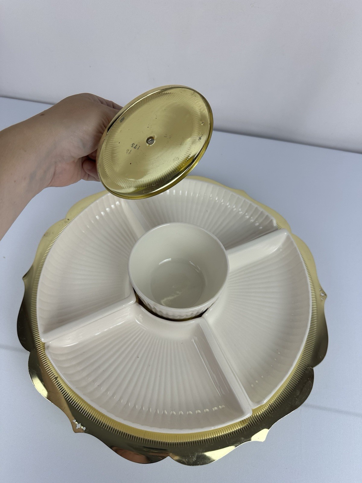 Vintage Ceramic Divided Relish Tray Gold Tone Pedestal Server w Covered Dip Bowl