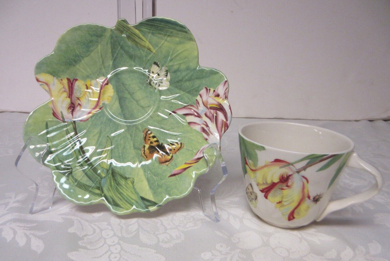 Spode Floral Haven Flat Cup Saucer Set Scalloped Butterflies Tulips Bee England