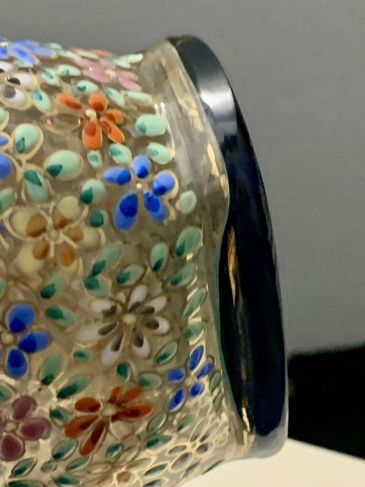 Vintage Rare Moser Hand Painted Multicolor Floral Art Glass Pitcher with Handle
