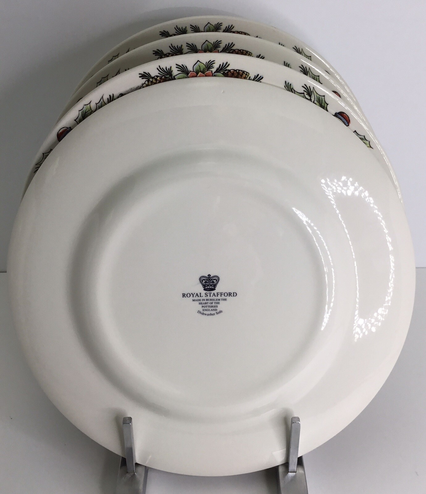 4 Royal Stafford Dinner Plates 11” Christmas Toy Shop Winter Snow NEW