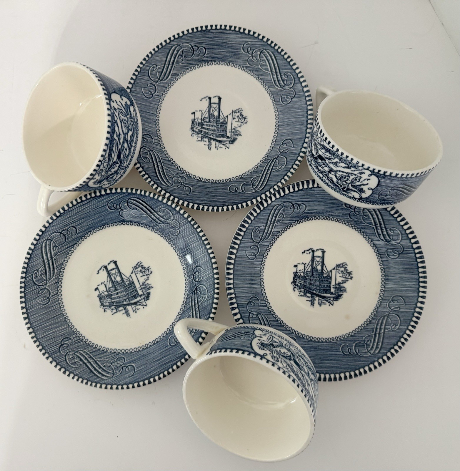 Currier & Ives Blue Royal China Coffee Tea Flat Cups With Saucers Lot of 2 Sets