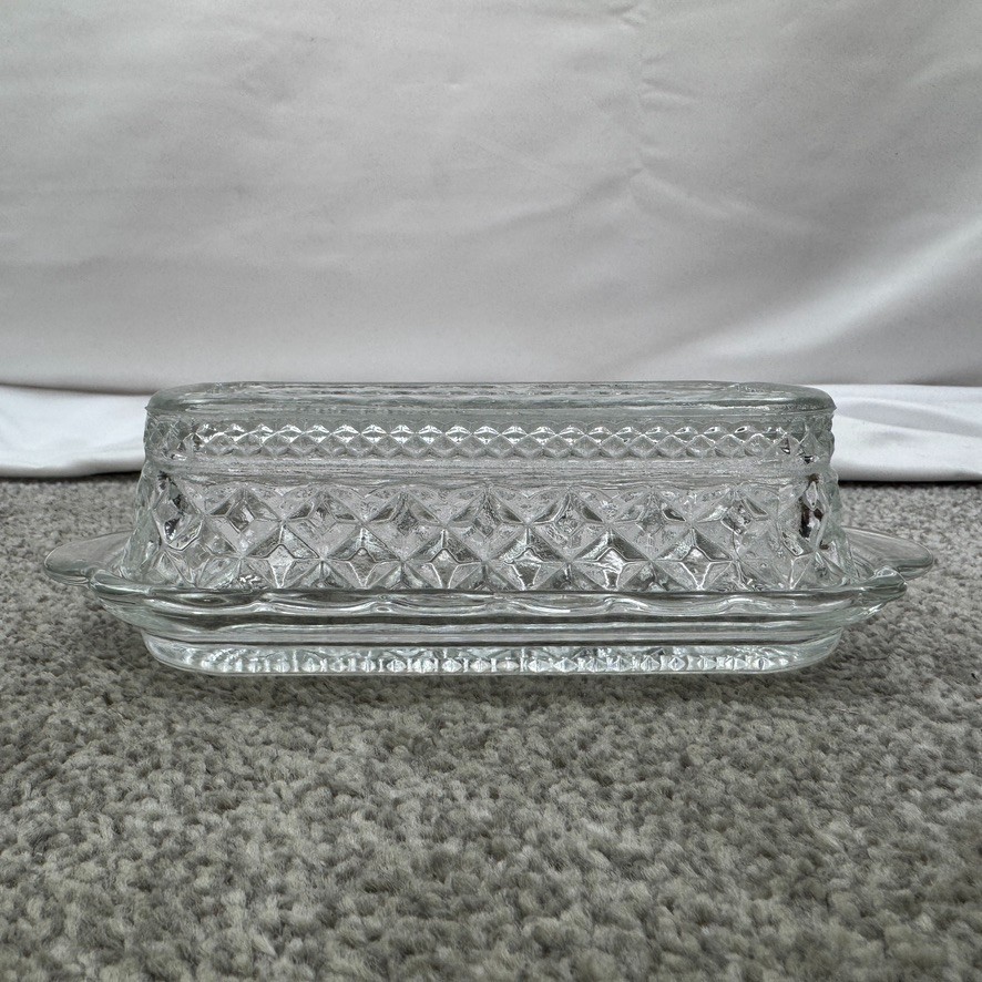 Anchor Hocking Vintage Wexford Cut Glass Covered Butter Dish Diamond XXX Pattern