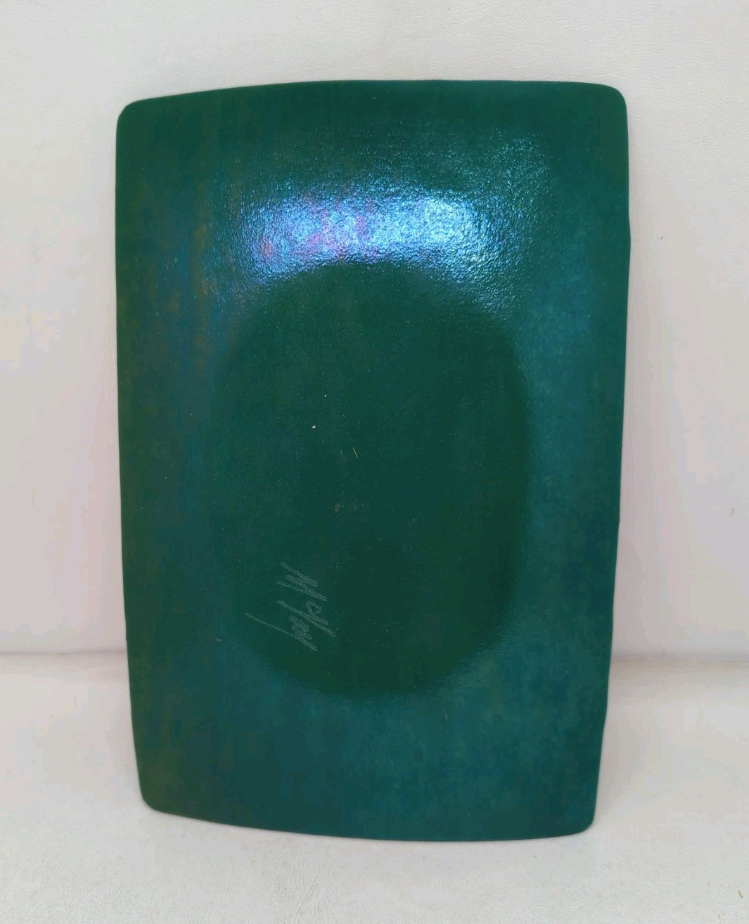Kurt McVay Signed Fused Art Glass Iridescent Tray Green Black Bronze 9×6 Sushi