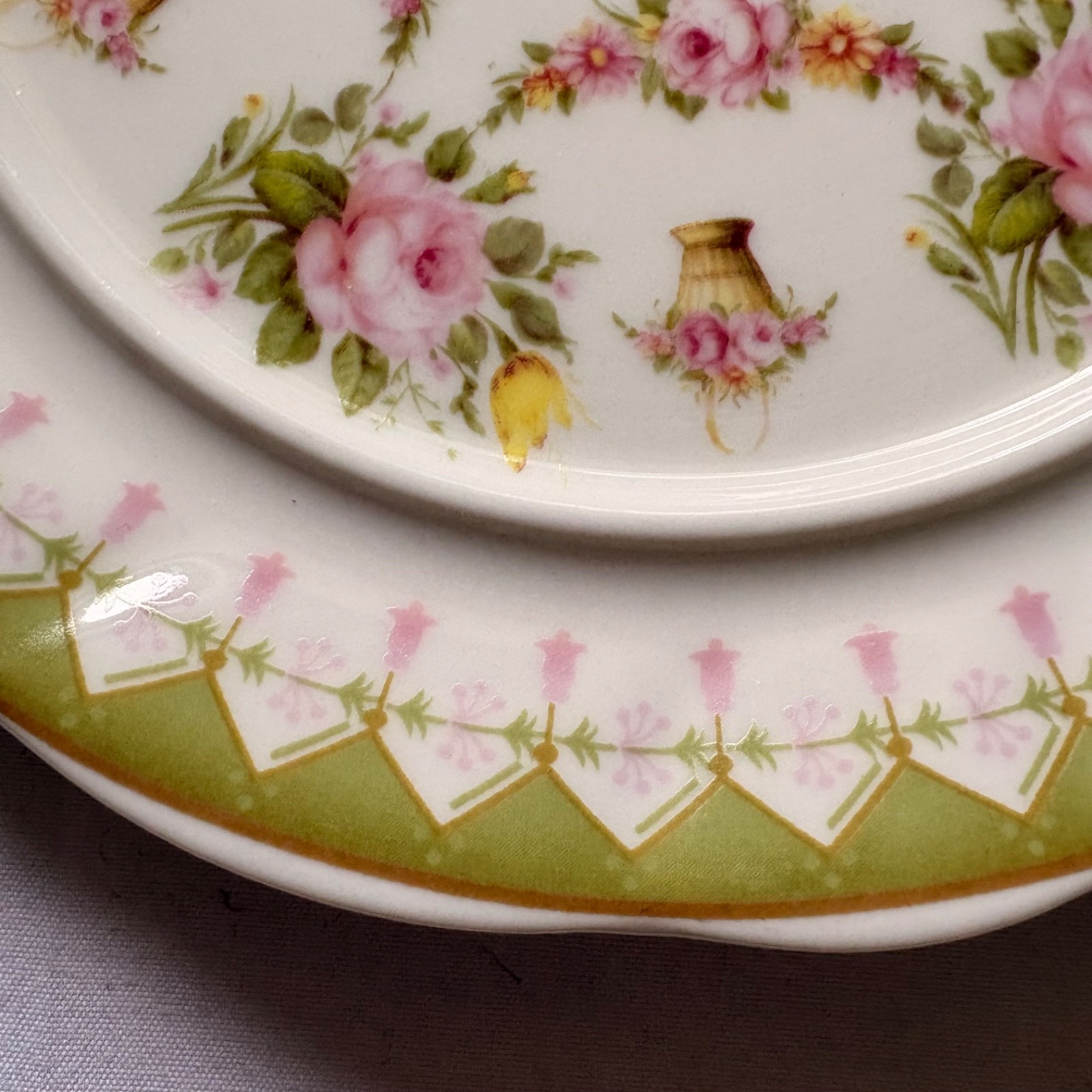 Powell Craft Floral Porcelain Covered Butter Dish/Cheese Dome Roses Green Border