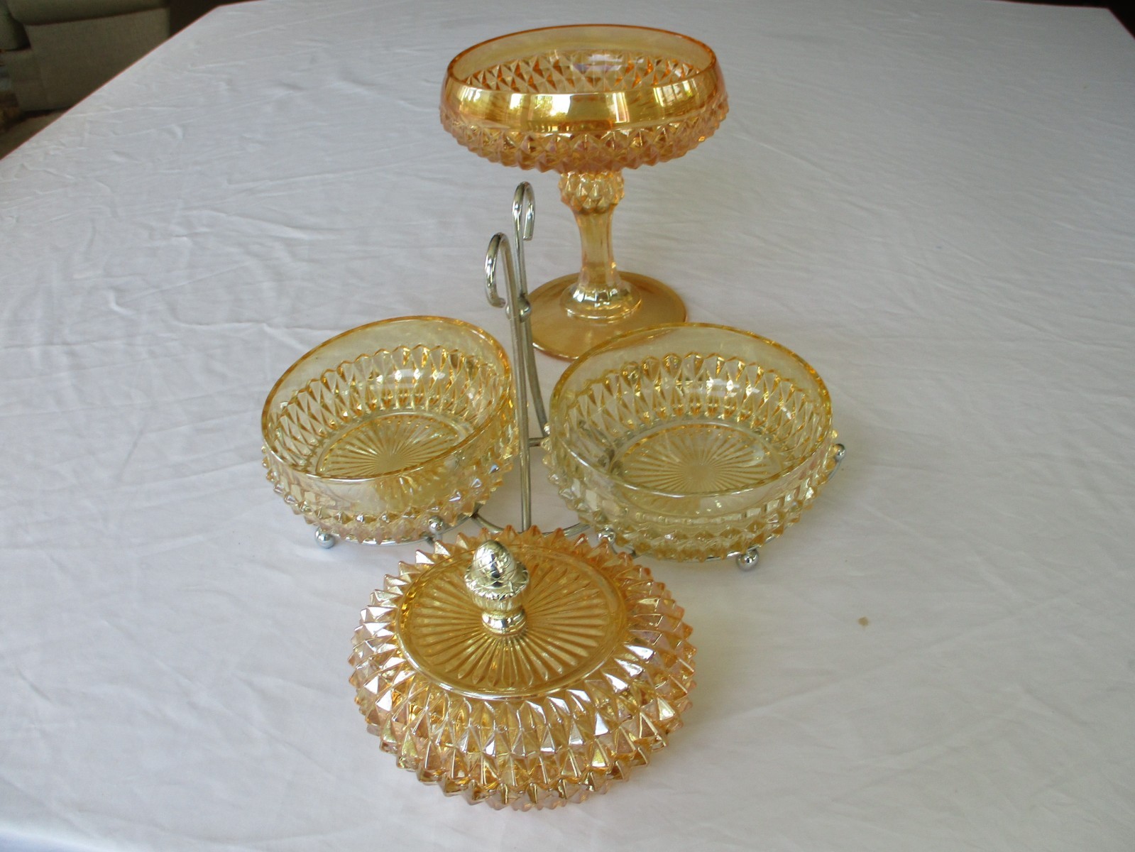 Indiana Glass Amber Pedestal Candy Dish + Covered Candy Dish & Condiment Server