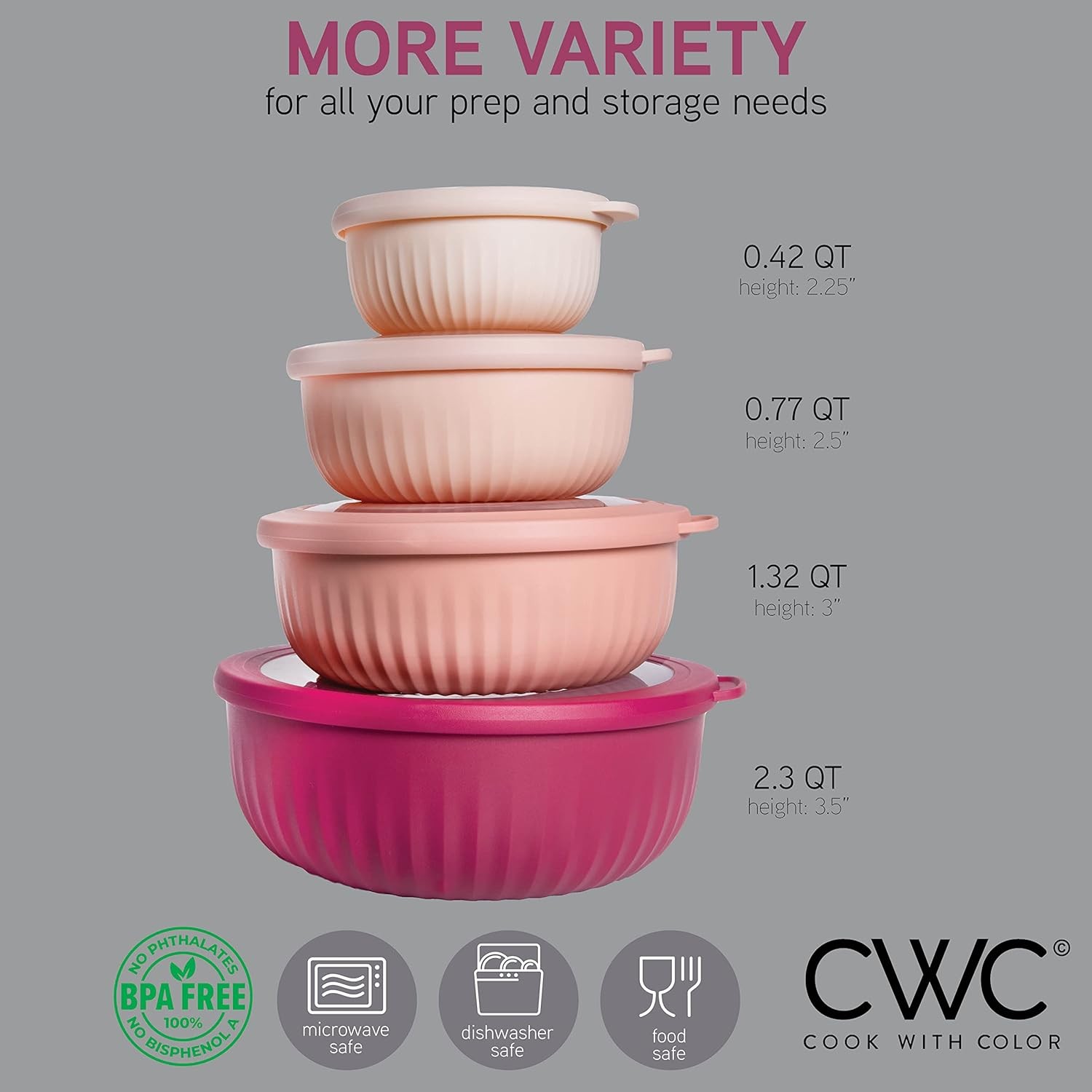COOK WITH COLOR Prep Bowls w Lids 8Pc Nesting Mixing Set Rose