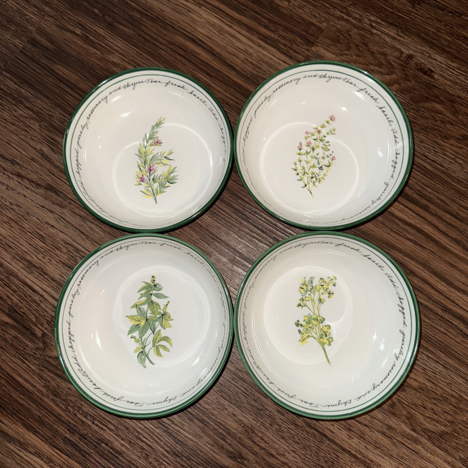 Gibson Herb Gardens Bowl Set: 4 bowls 7.25in and 1 bowl 10in Recipe Script Rim