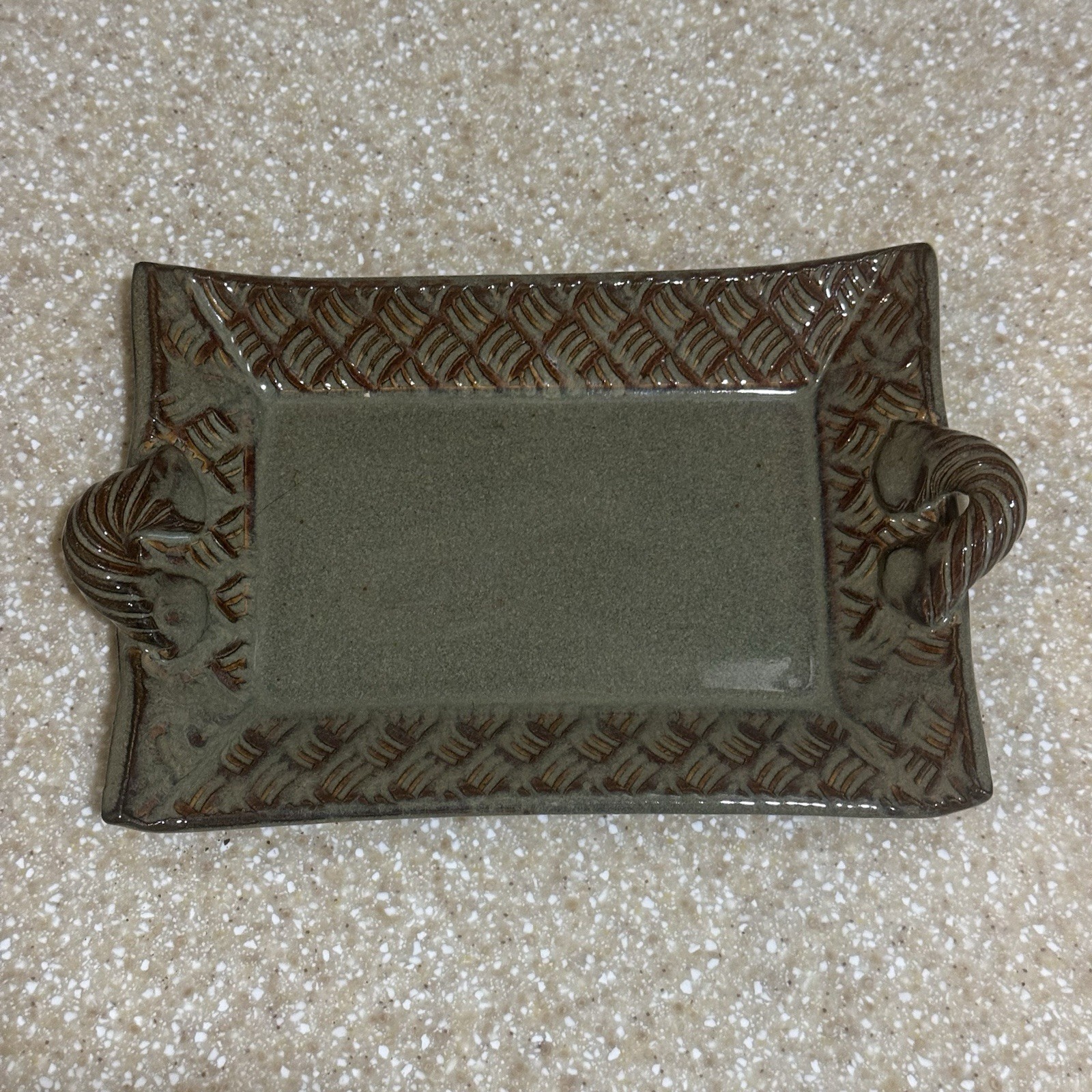 Thomas Pottery Basketweave Tray North Carolina Green Lead Free Handcrafted Dish