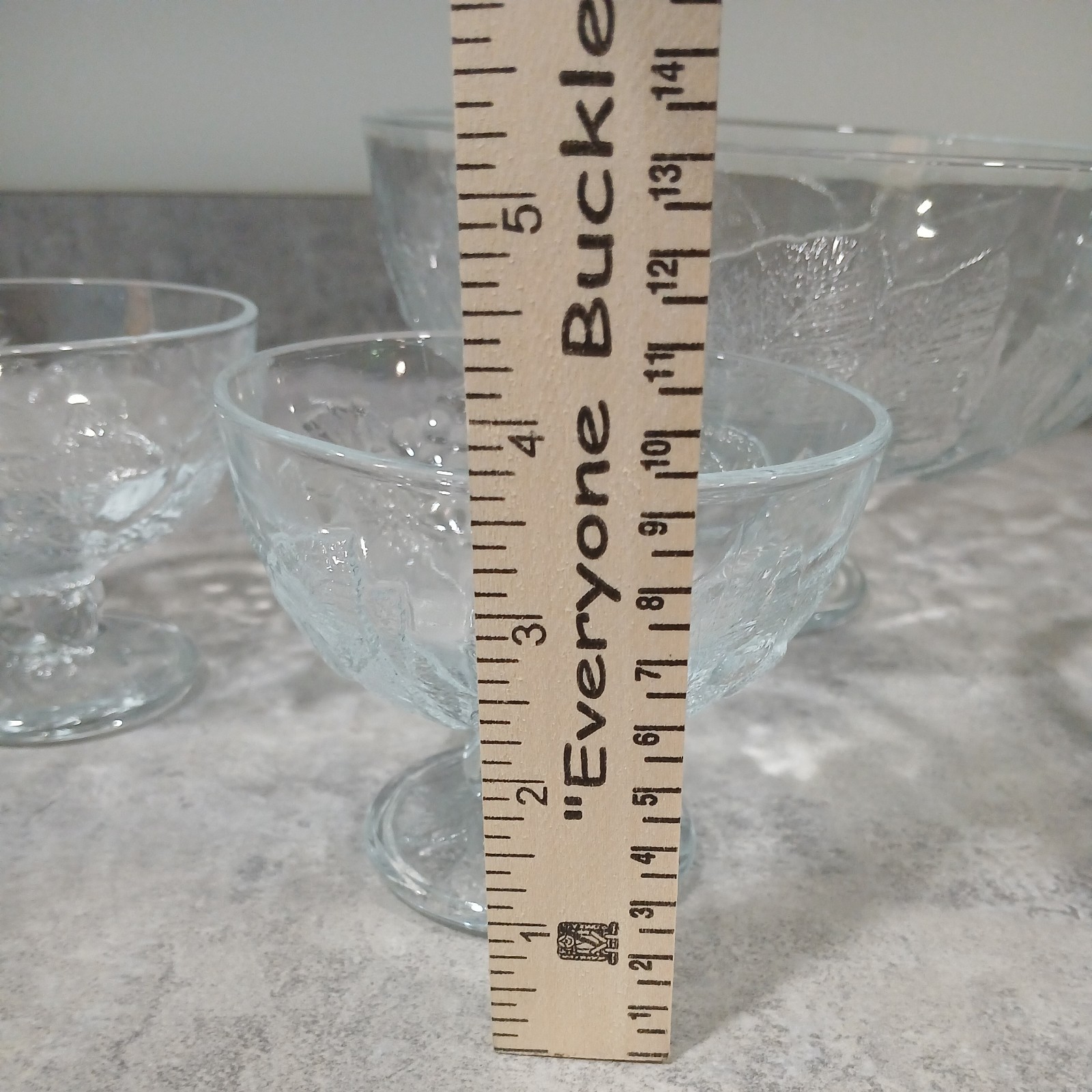 Set Of 5. Pasabahce Pressed Fruit Glass Serving Bowl And Dessert Footed Bowls