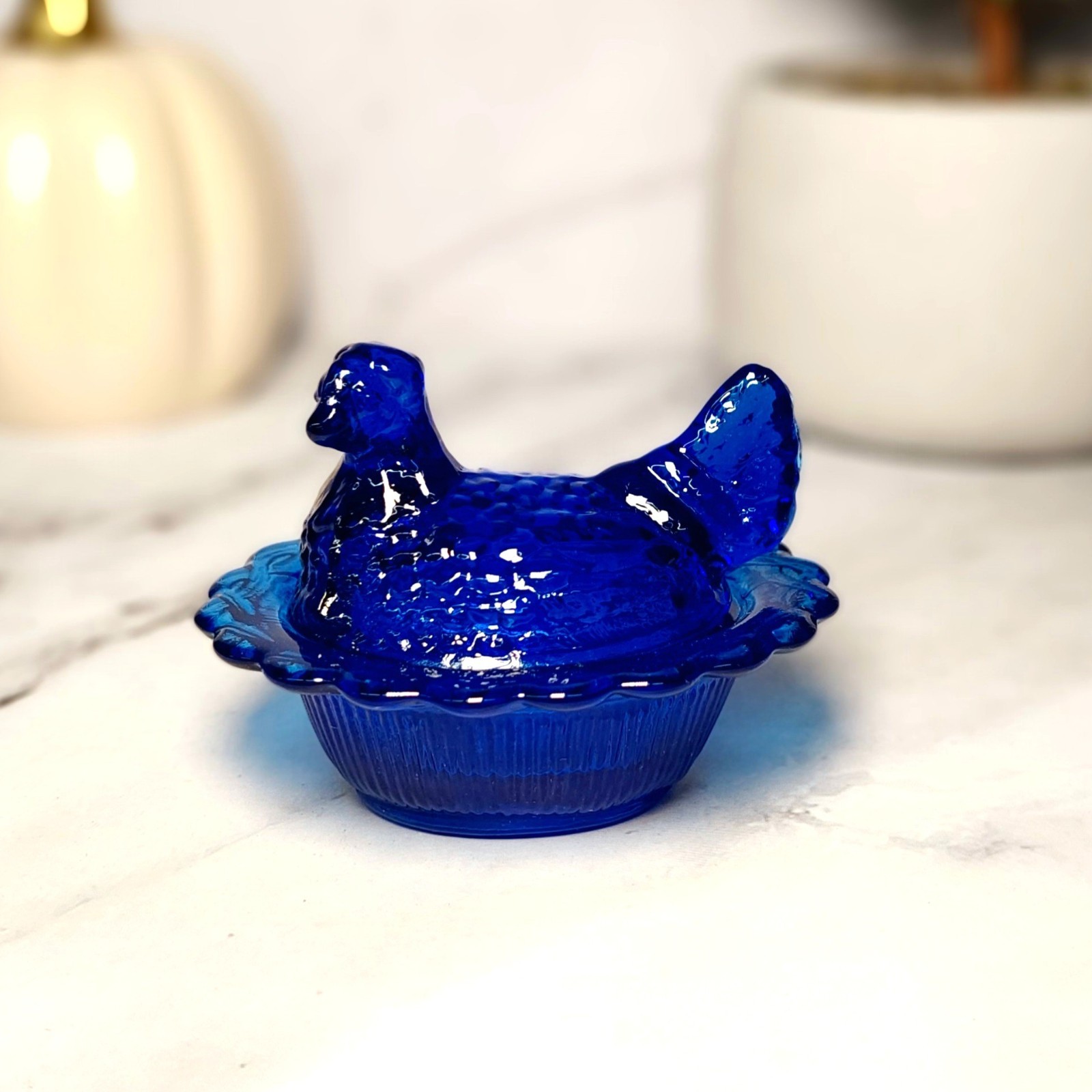 Mosser Cobalt Blue Glass Hen on Nest Salt Dish, Mini Chicken, Vintage Style