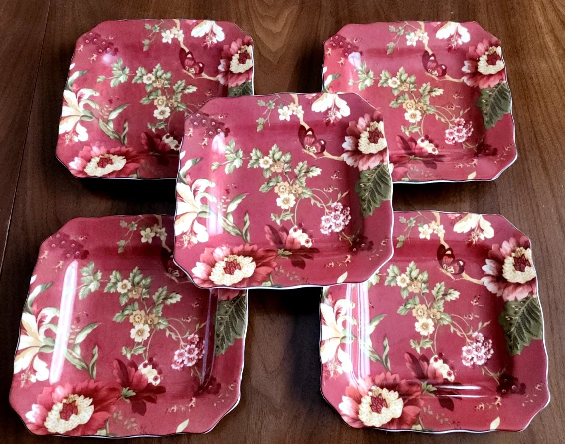 Set Of 5 222 Fifth Summer Botanical Lutece Fleur Rouge 8 3/4″ Salad Plates