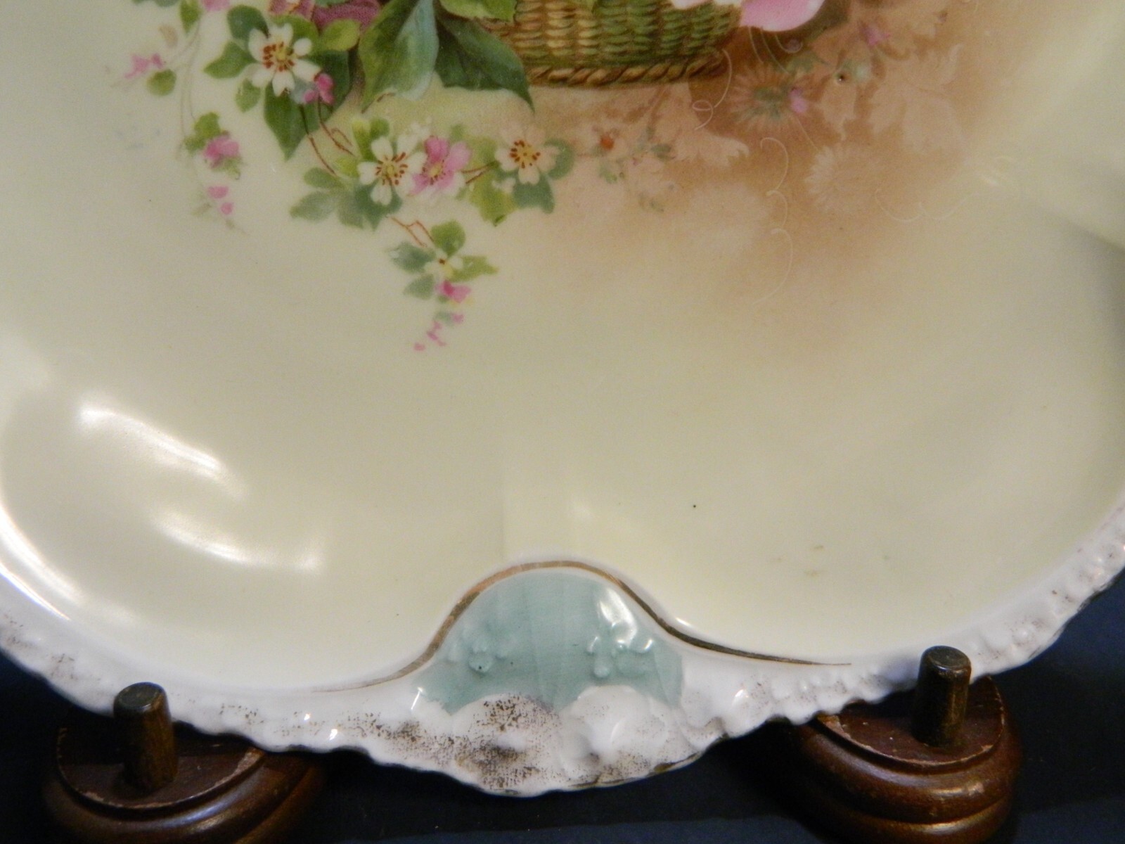 Antique RS Prussia Blue Scalloped Handled Rose Tray 1.25″x10.25″x10.5″ Excellent