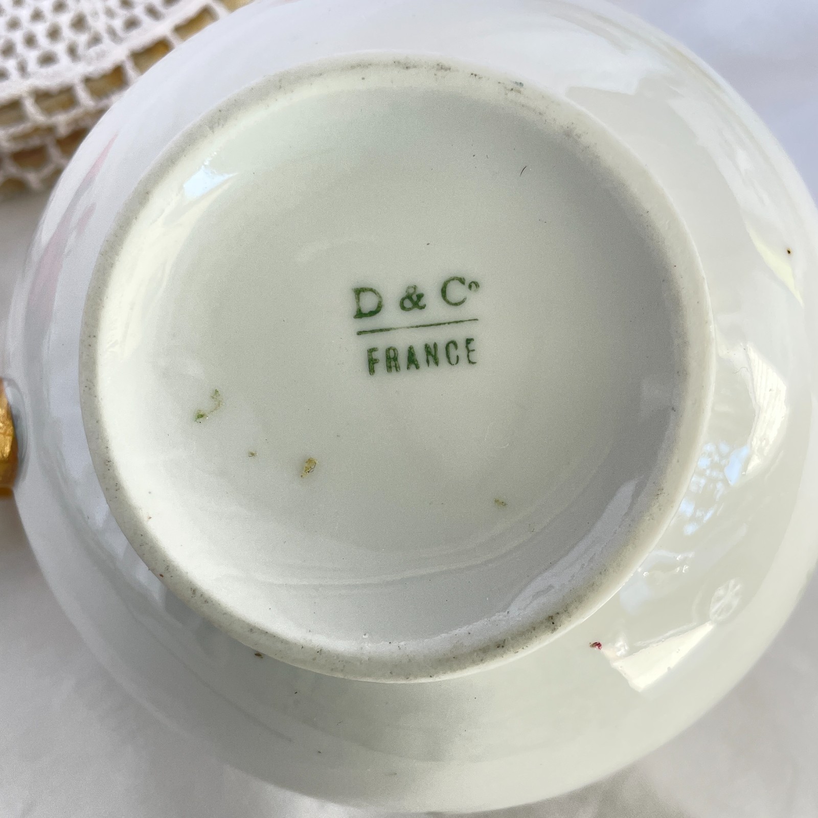 Antique D & C France White Porcelain Rose Garland Gold Handle Creamer